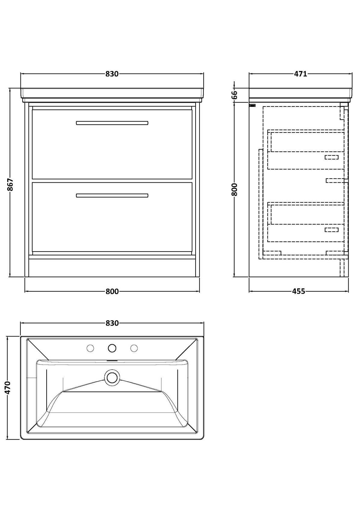 800mm Floor Standing 2-Drawer Vanity with Basin - 3 Tap Hole - Image 2