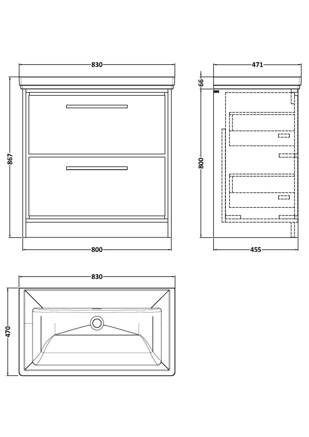 800mm Floor Standing 2-Drawer Vanity with Basin - 0 Tap Hole - Image 2