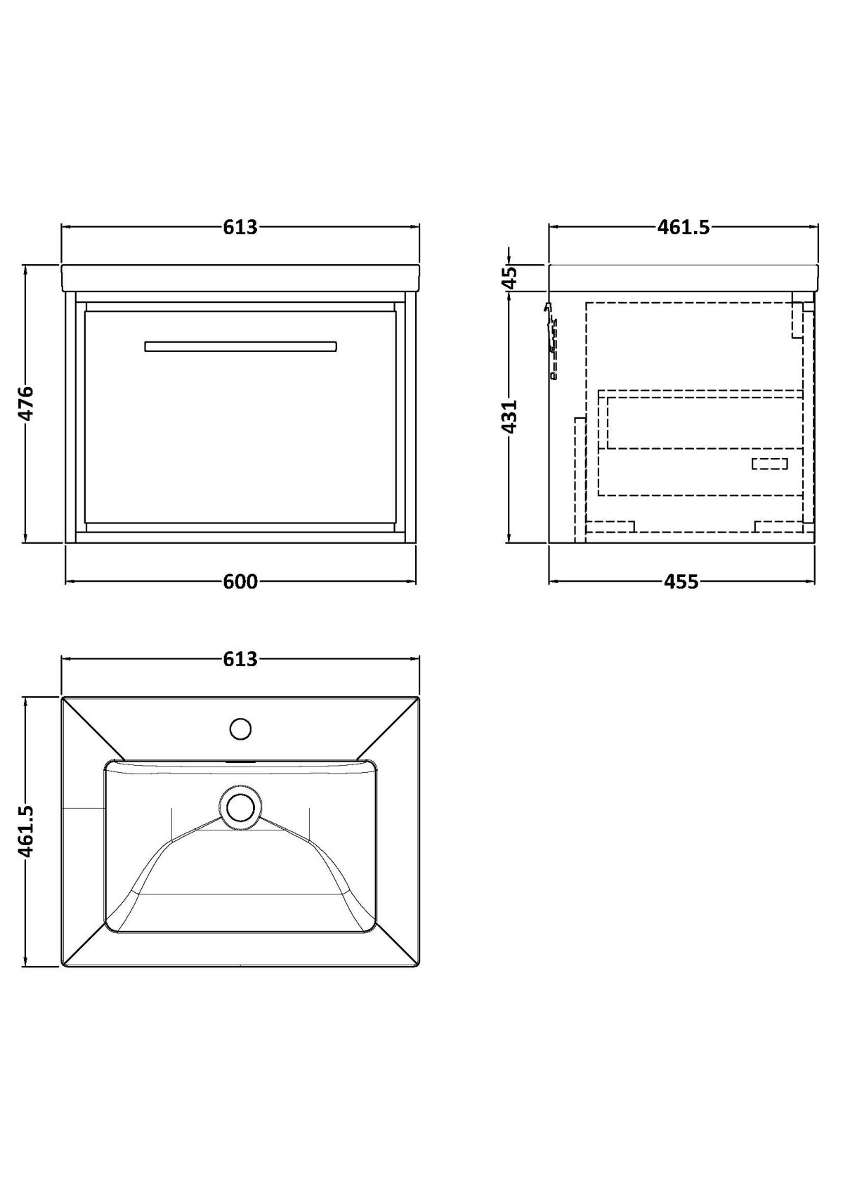 600mm Wall Hung Single Drawer Vanity with Basin - 1 Tap Hole - Image 2