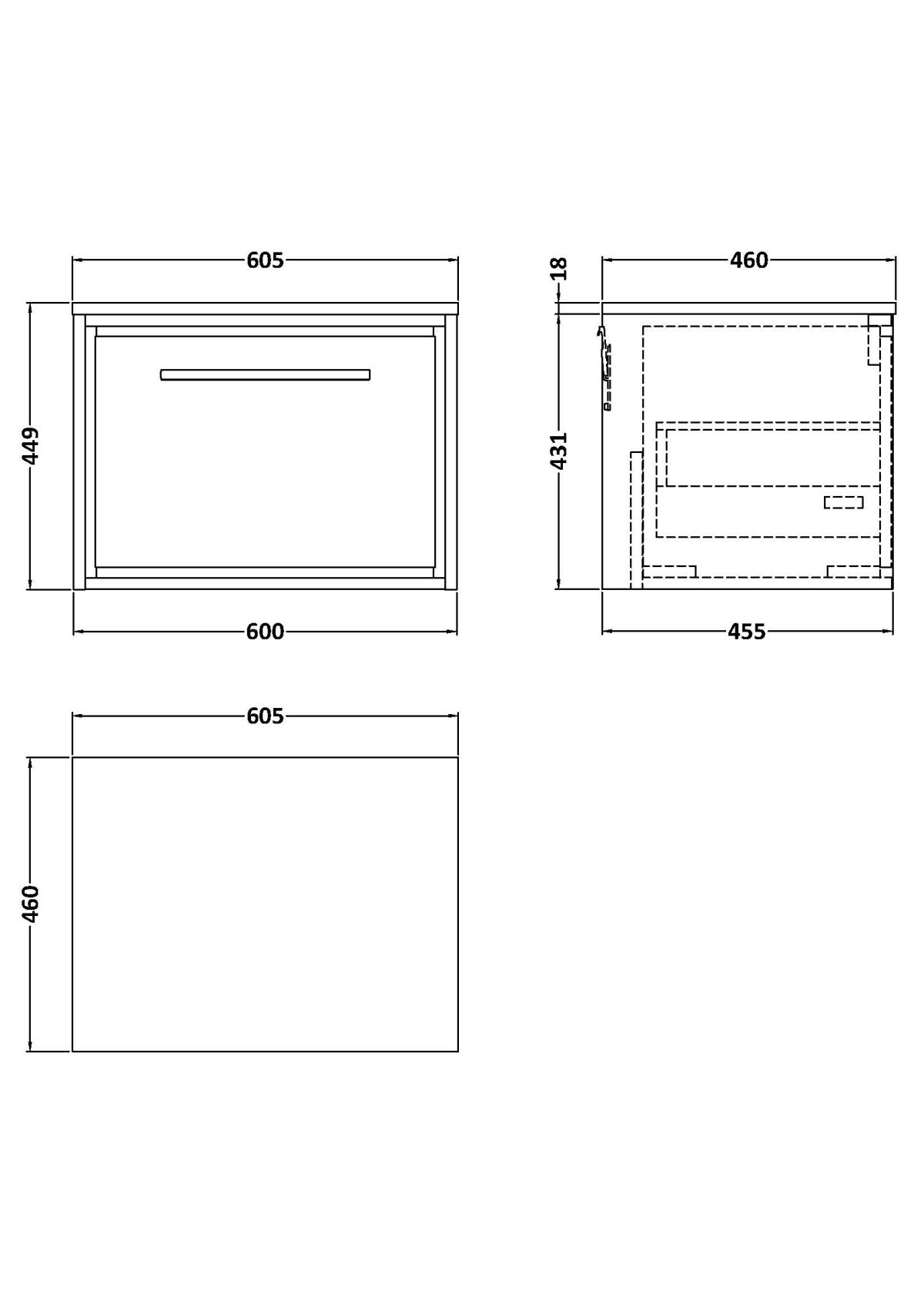 600mm Wall Hung Single Drawer Vanity with Worktop - Image 2