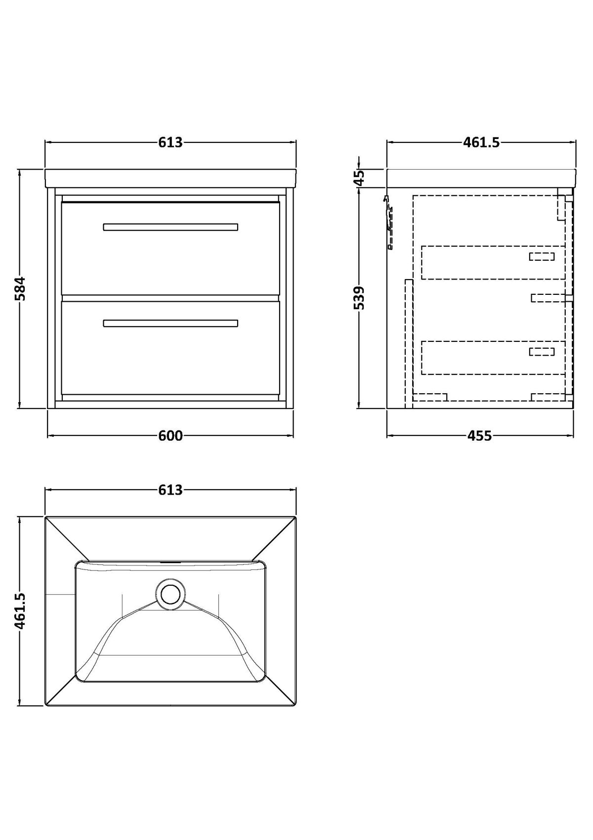 600mm Wall Hung 2-Drawer Vanity with Basin - 0 Tap Hole - Image 2