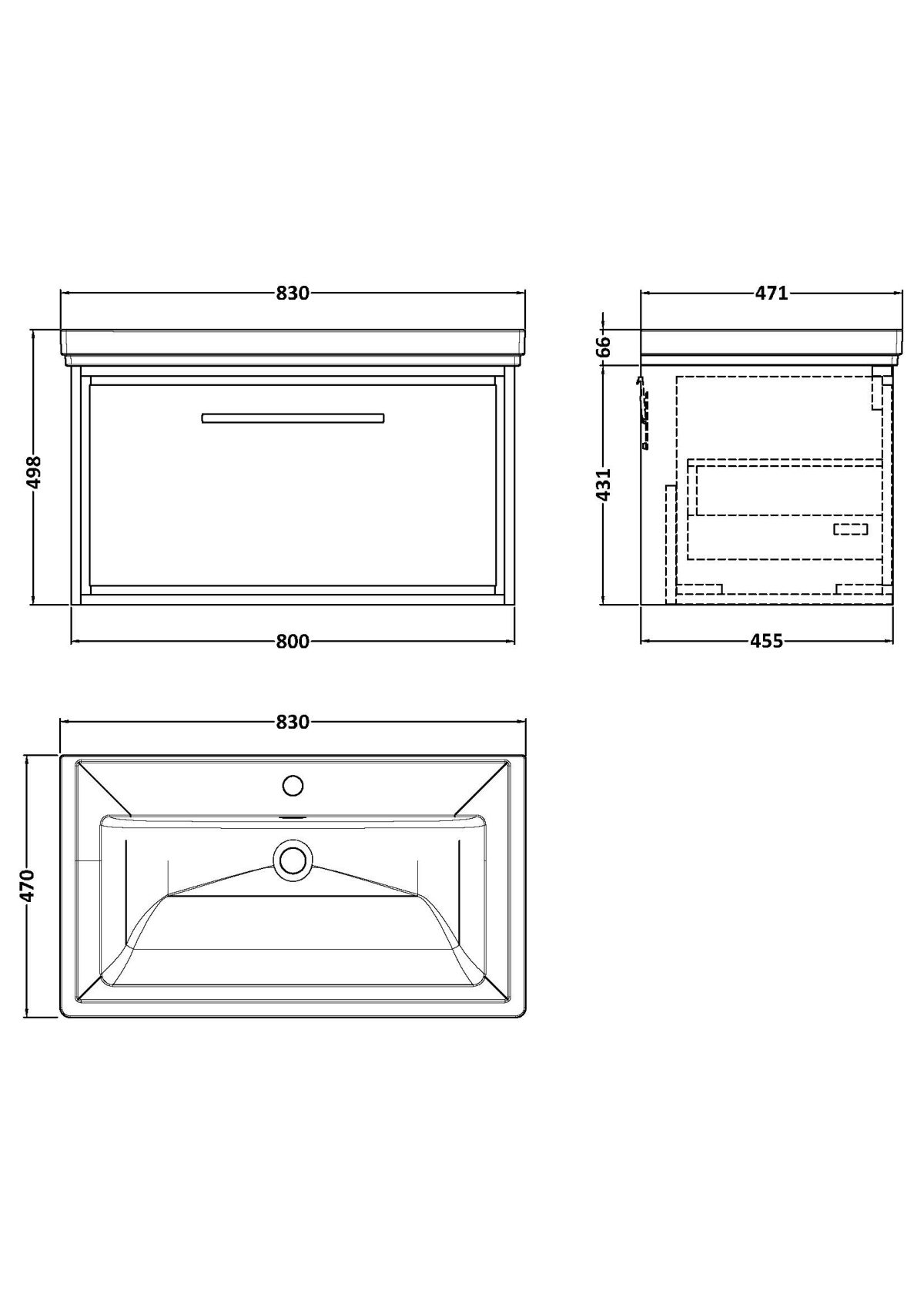 800mm Wall Hung Single Drawer Vanity with Basin - 1 Tap Hole - Image 2