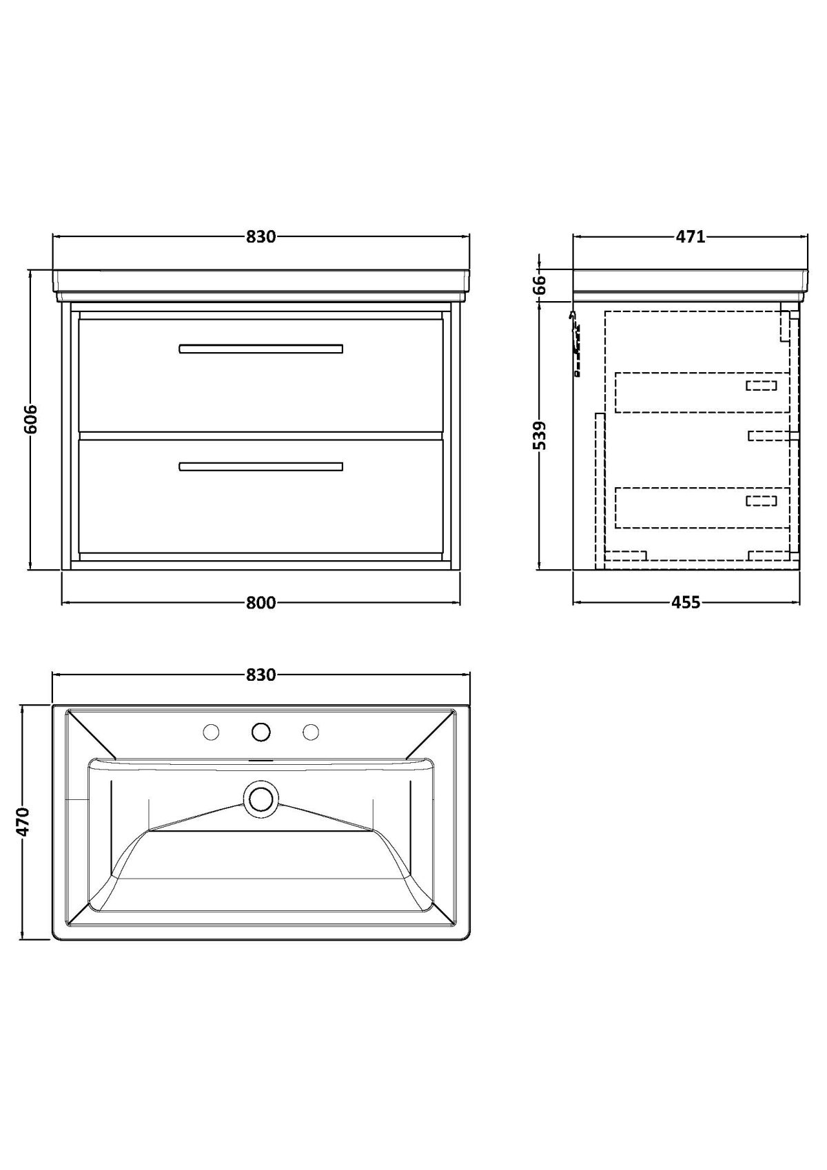 800mm Wall Hung 2-Drawer Vanity with Basin - 3 Tap Hole - Image 2