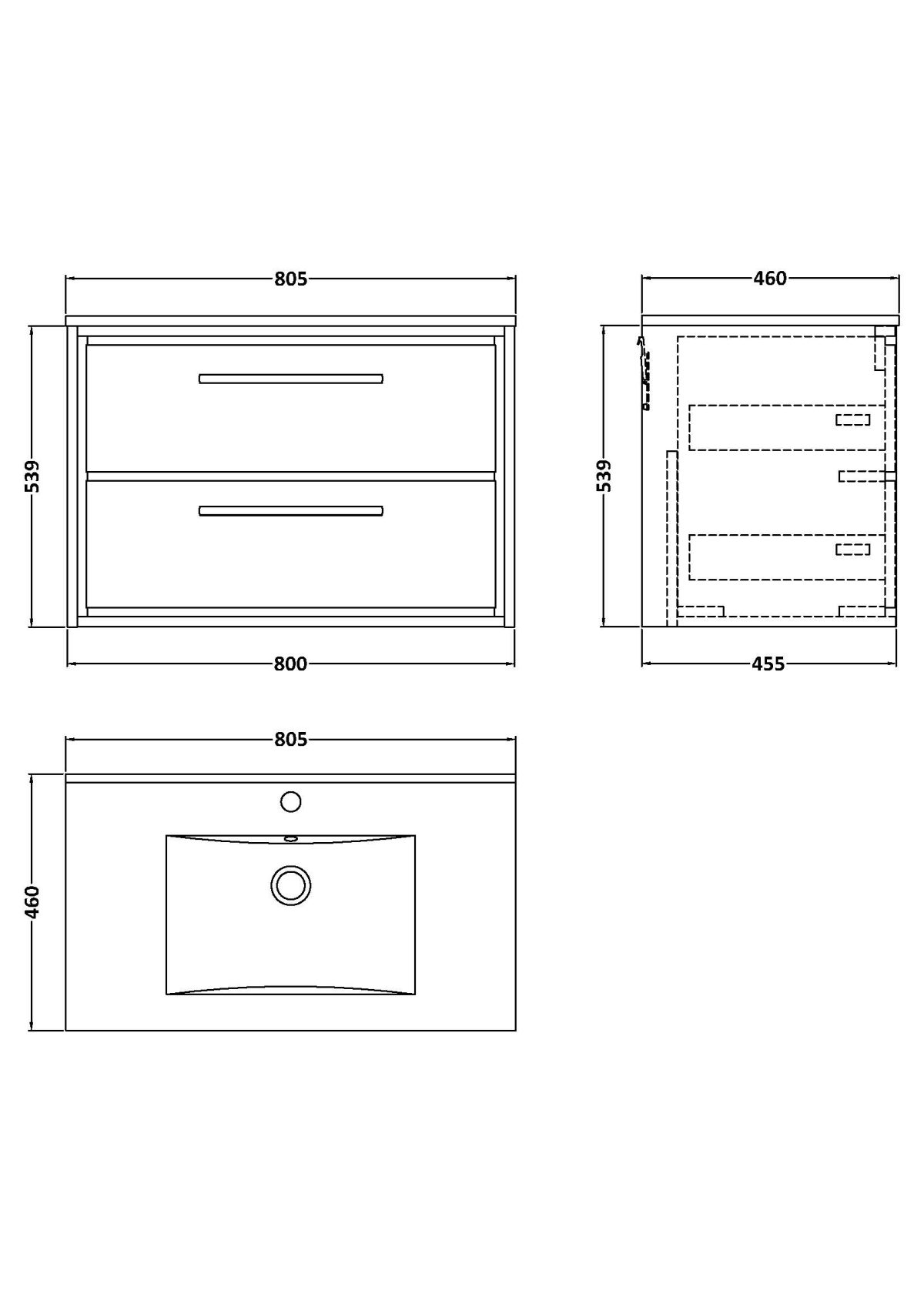 800mm Wall Hung 2-Drawer Vanity with Basin - 1 Tap Hole - Image 2