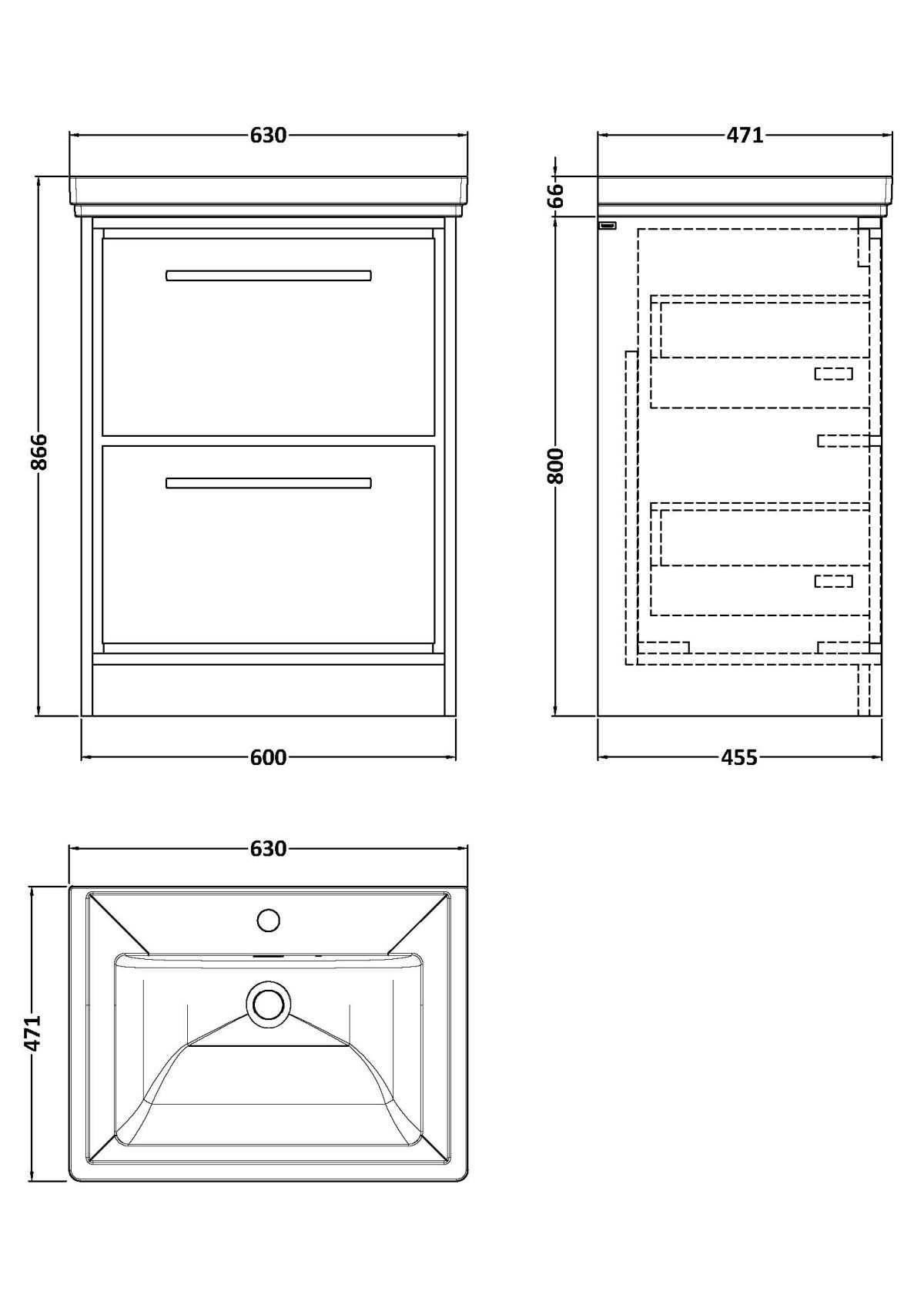 600mm Floor Standing 2-Drawer Vanity with Basin - 1 Tap Hole - Image 2