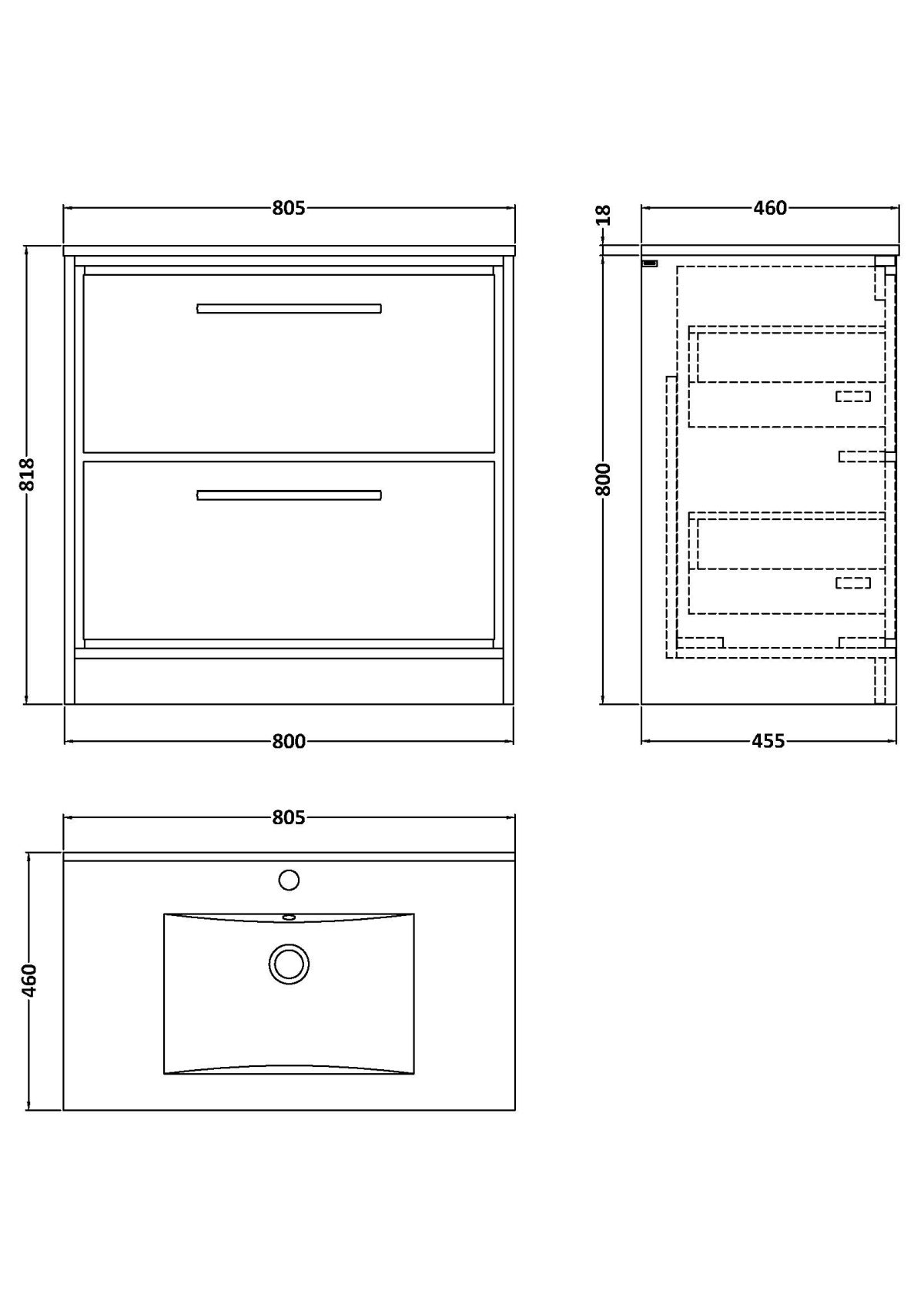 800mm Floor Standing 2-Drawer Vanity with Basin - 1 Tap Hole - Image 2