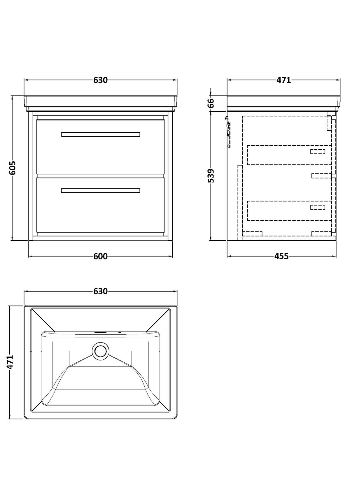 600mm Wall Hung 2-Drawer Vanity with Basin - 0 Tap Hole - Image 2