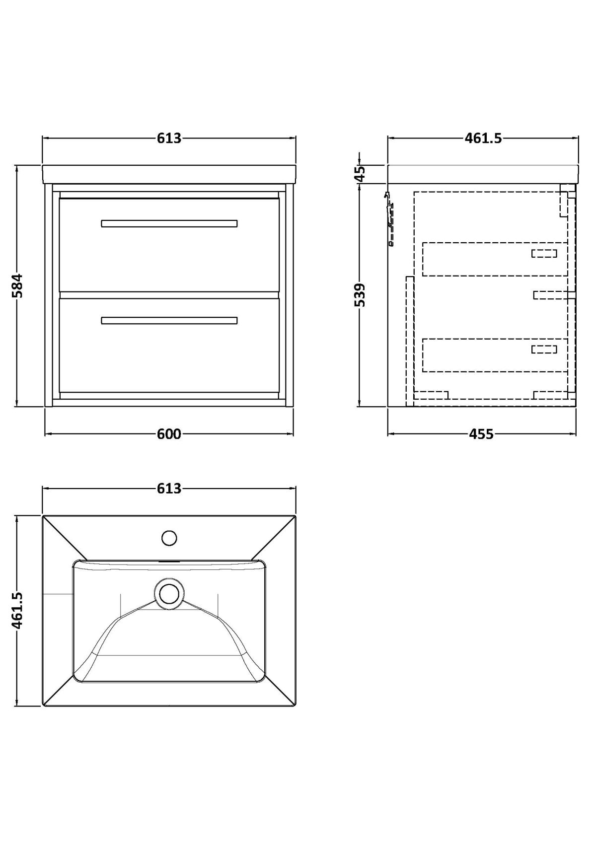 600mm Wall Hung 2-Drawer Vanity with Basin - 1 Tap Hole - Image 2