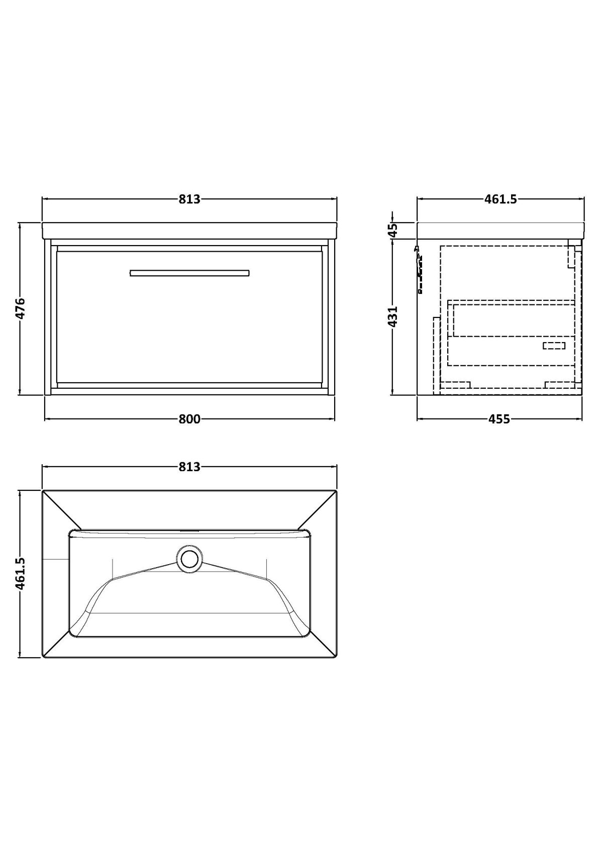 800mm Wall Hung Single Drawer Vanity with Basin - 0 Tap Hole - Image 2