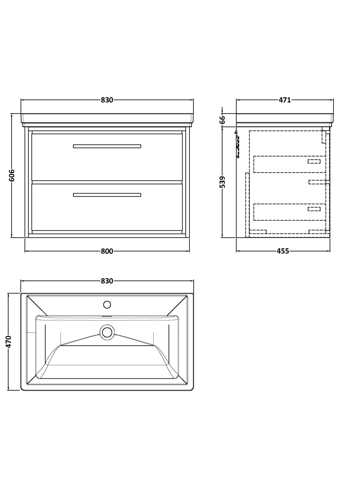 800mm Wall Hung 2-Drawer Vanity with Basin - 1 Tap Hole - Image 2