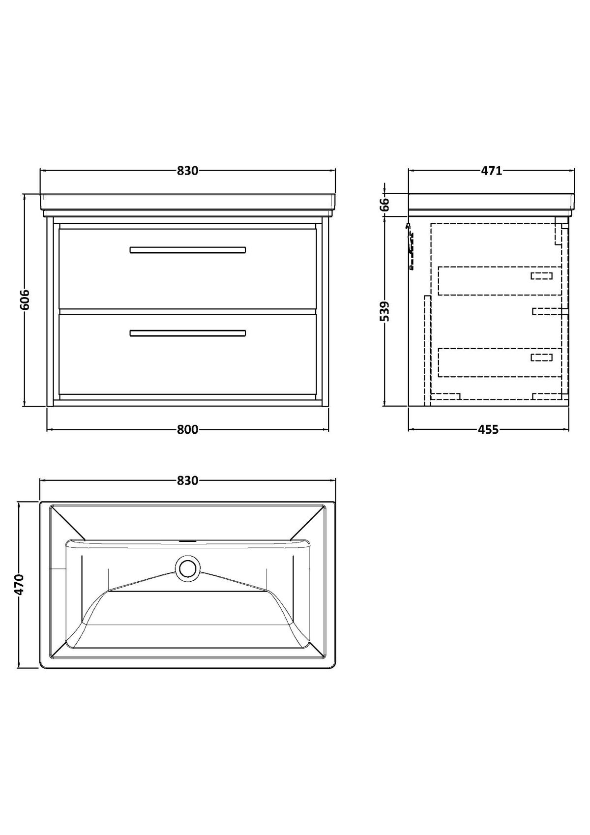 800mm Wall Hung 2-Drawer Vanity with Basin - 0 Tap Hole - Image 2
