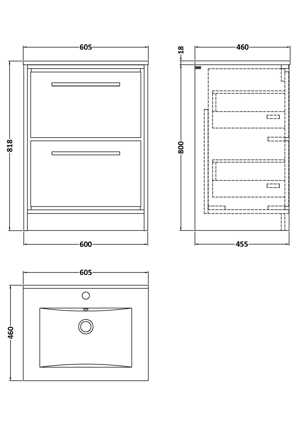 600mm Floor Standing 2-Drawer Vanity with Basin - 1 Tap Hole - Image 2