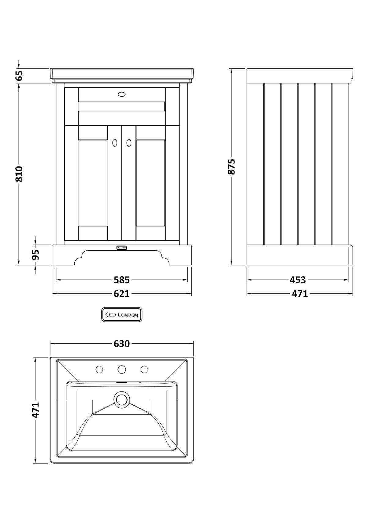 600mm 2-Door Vanity & Classic Basin 3TH - Image 3