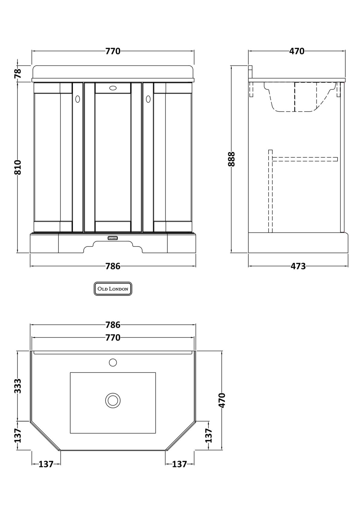 750mm 3-Door Angled Unit & Marble Top 1TH - Image 2
