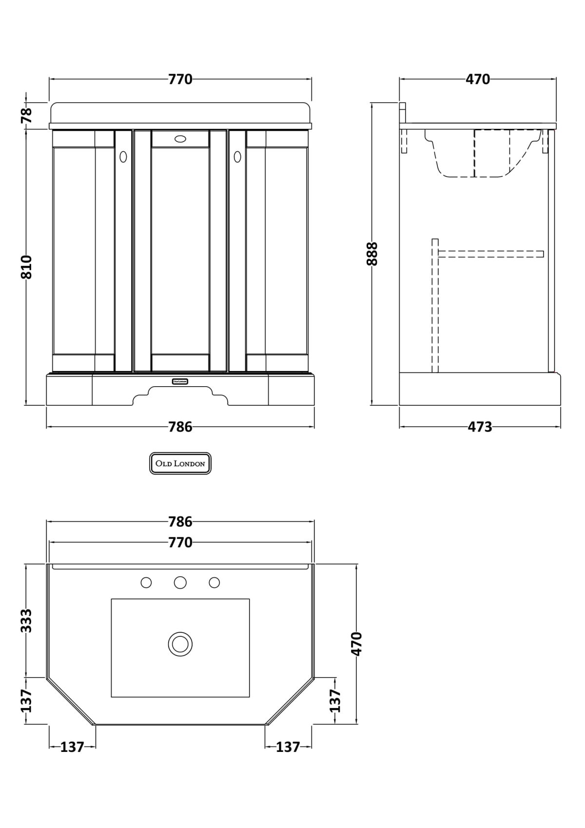 750mm 3-Door Angled Unit & Marble Top 3TH - Image 2