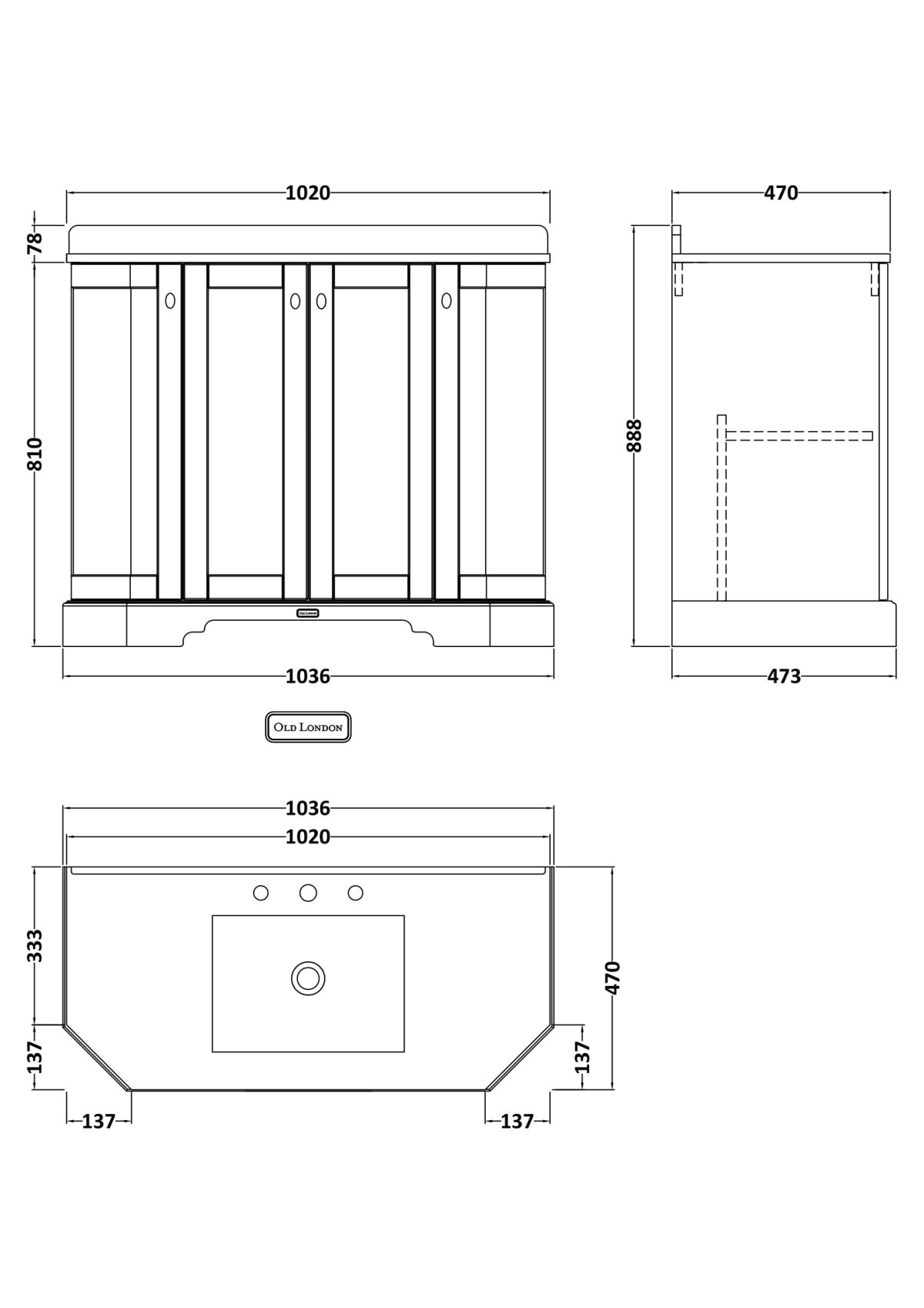 1000mm 4-Door Angled Unit & Marble Top 3TH - Image 2