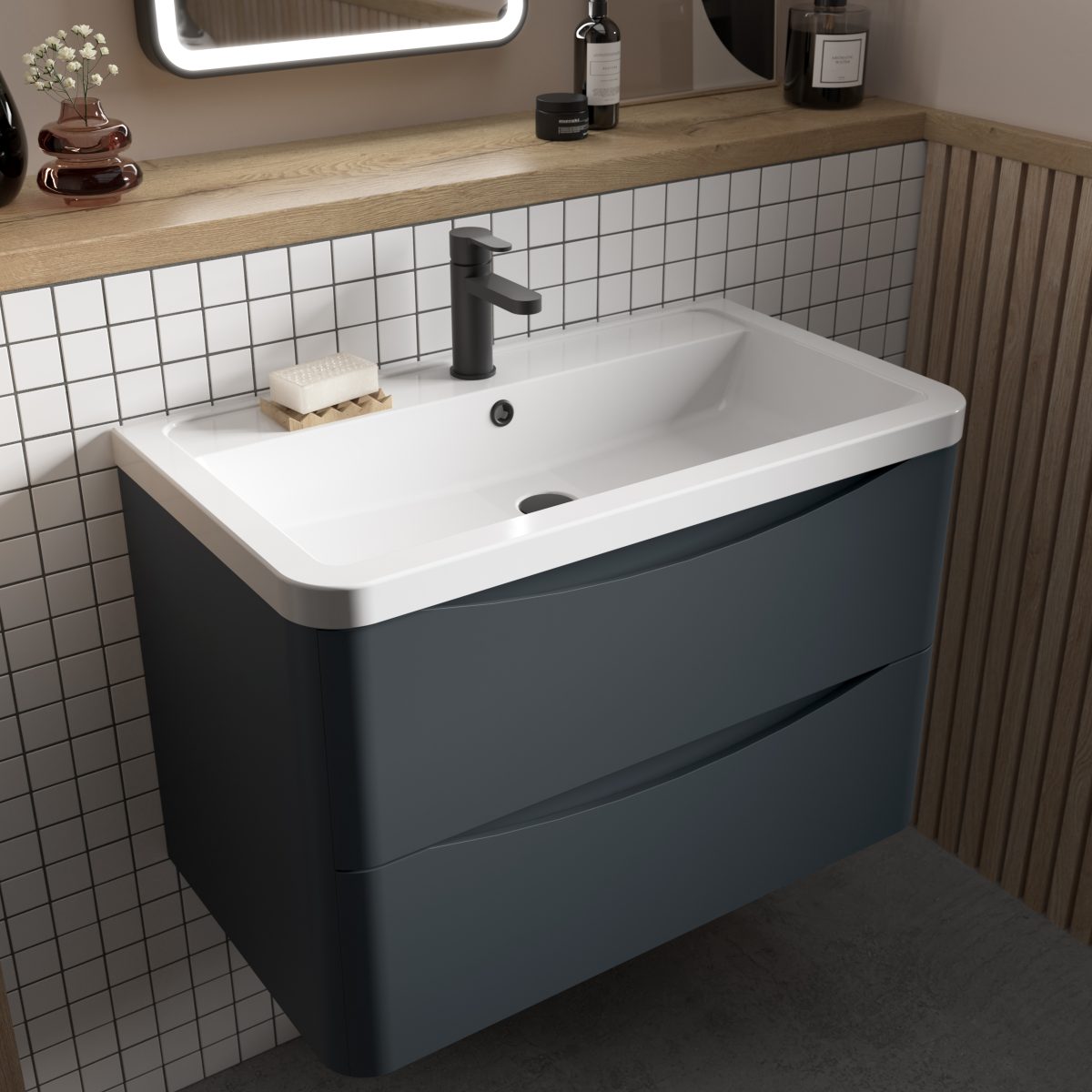 600mm Wall Hung 2 Drawer Vanity & Ceramic Basin - Image 2