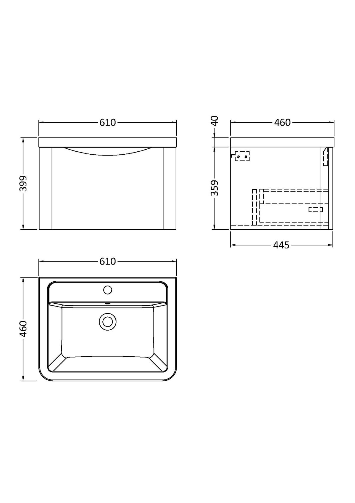 600mm Wall Hung 1 Drawer Vanity & Ceramic Basin - Image 3