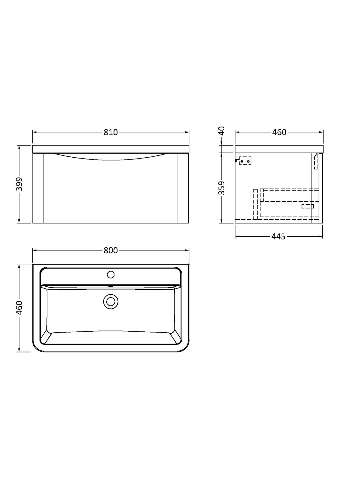 800mm Wall Hung 1 Drawer Vanity & Ceramic Basin - Image 3