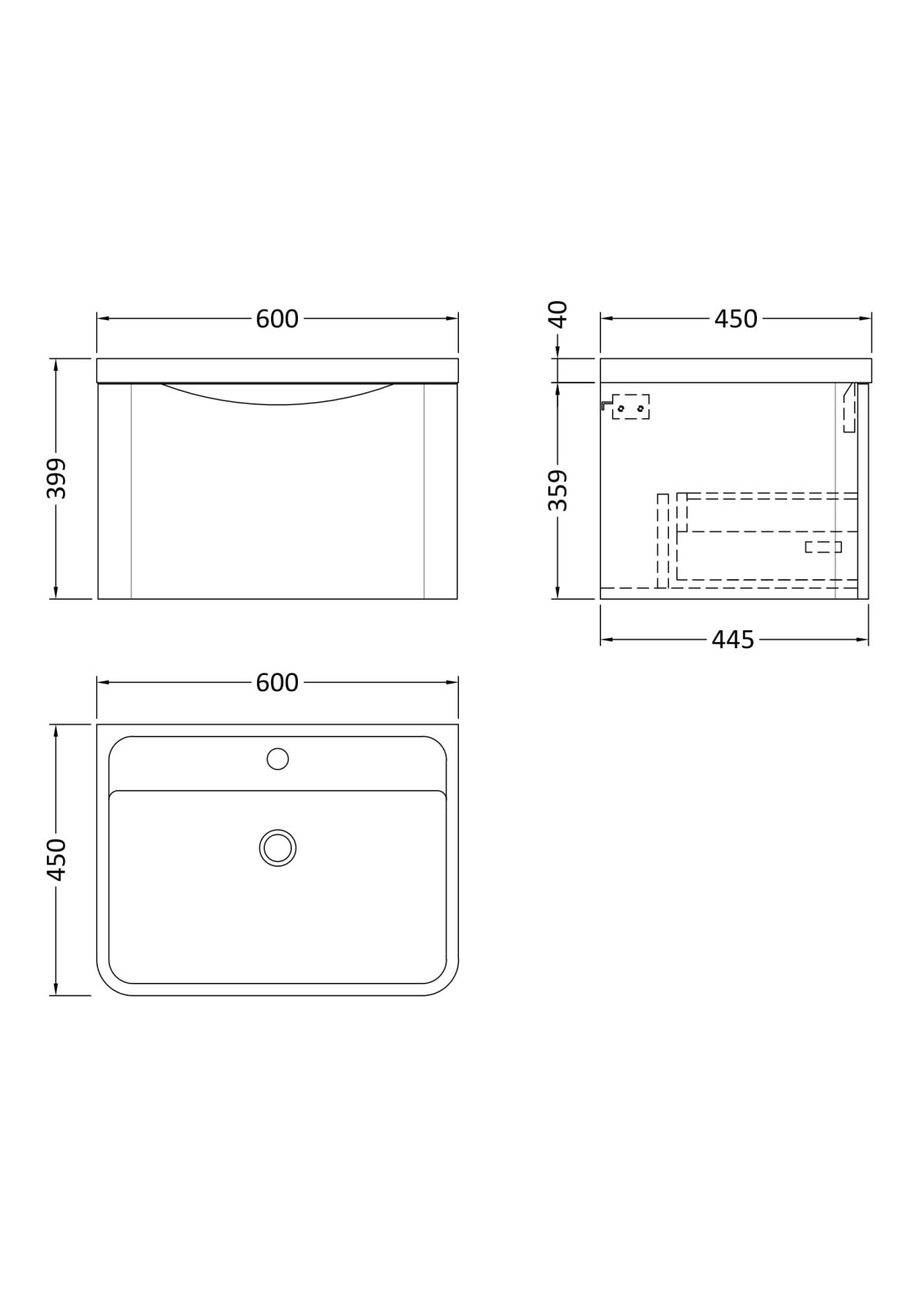 600mm Wall Hung 1 Drawer Vanity & Polymarble Basin - Image 3