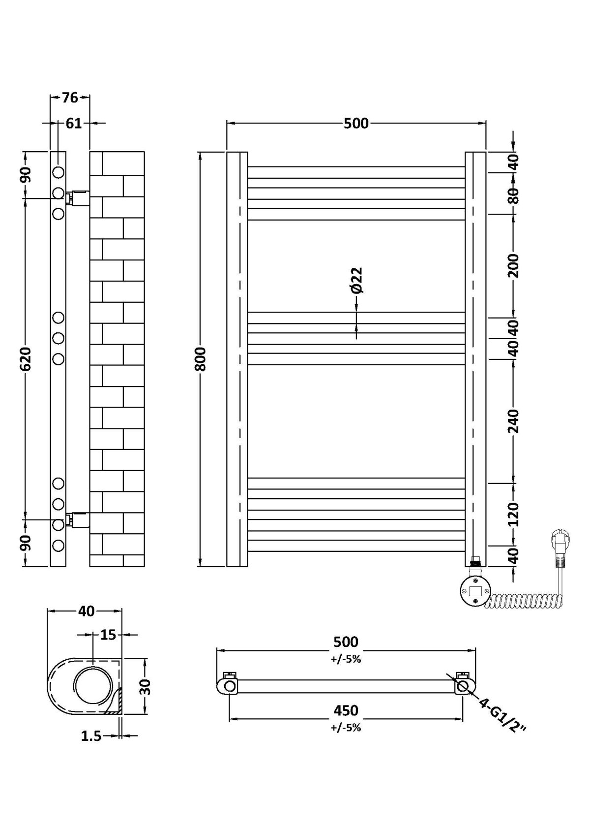 Round Straight Towel Radiator 800x500 - Image 2