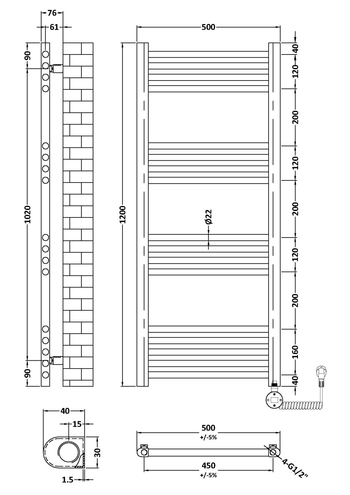Round Straight Towel Radiator 1200x500 - Image 2