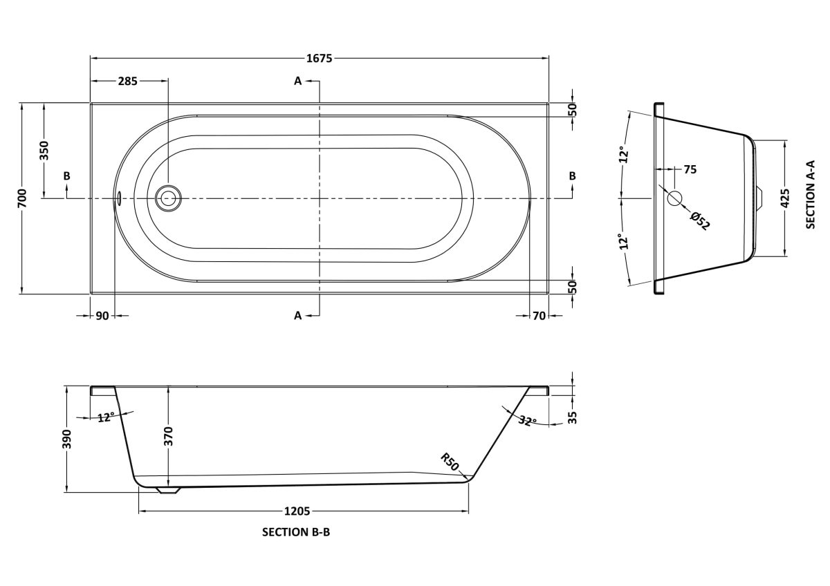 Round Straight Bath  1675 x 700mm - Image 3