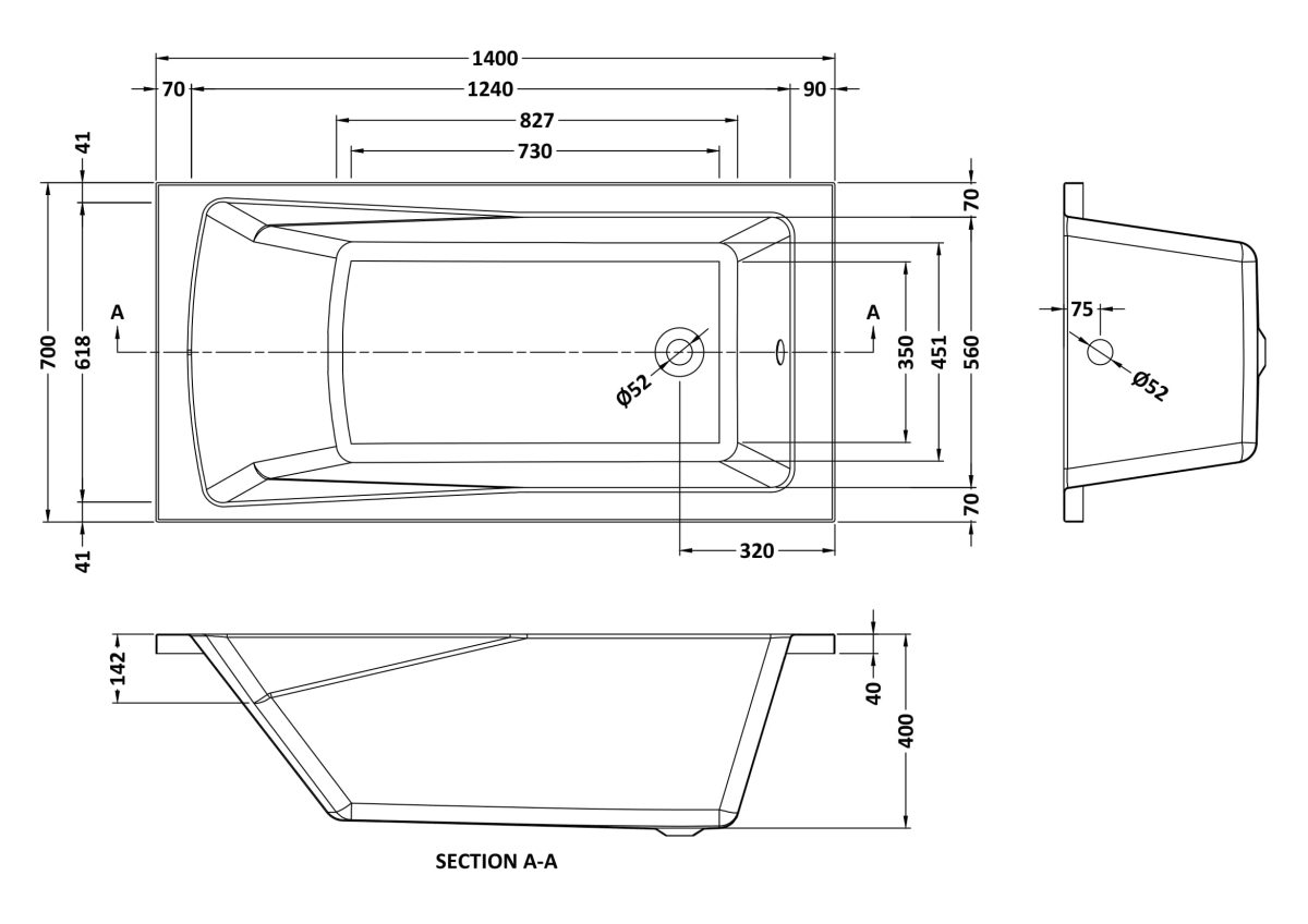 Square Single Ended Bath 1400 x 700mm - Image 3