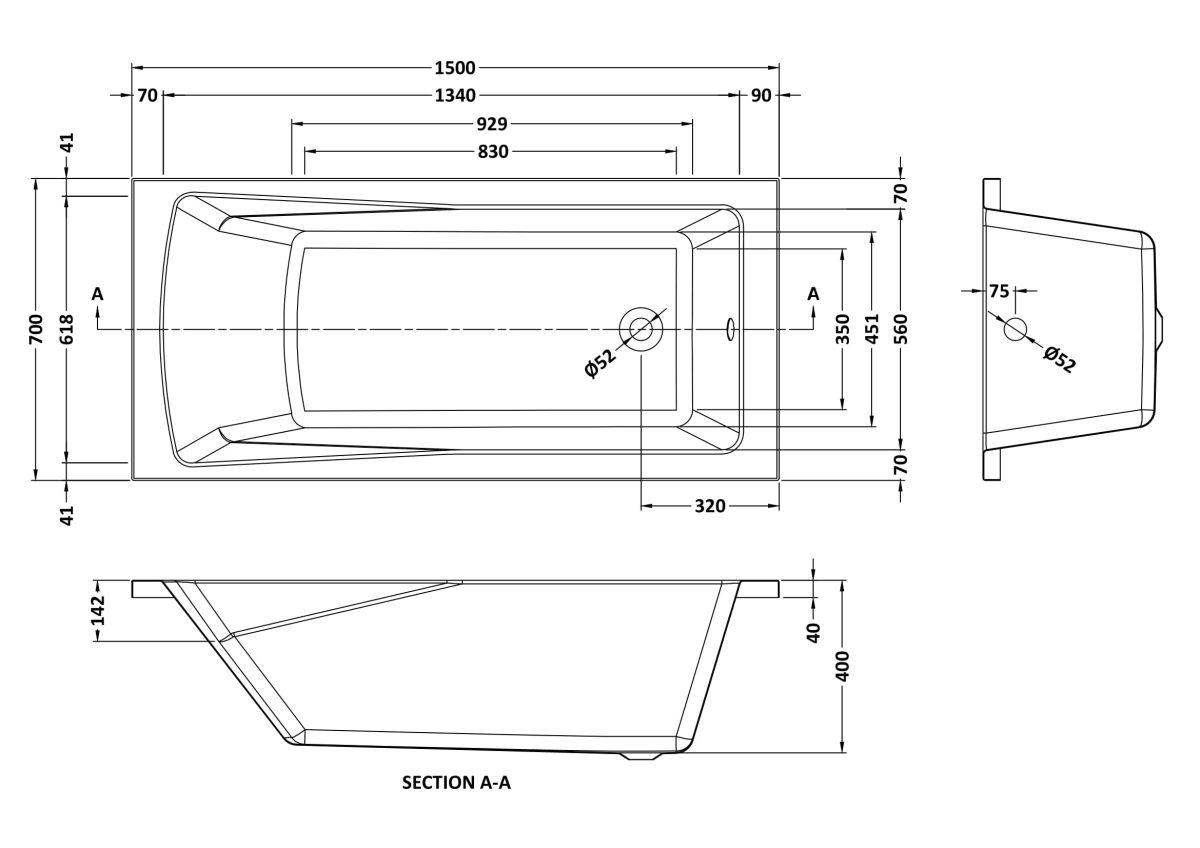 Square Single Ended Bath 1500 x 700mm - Image 3