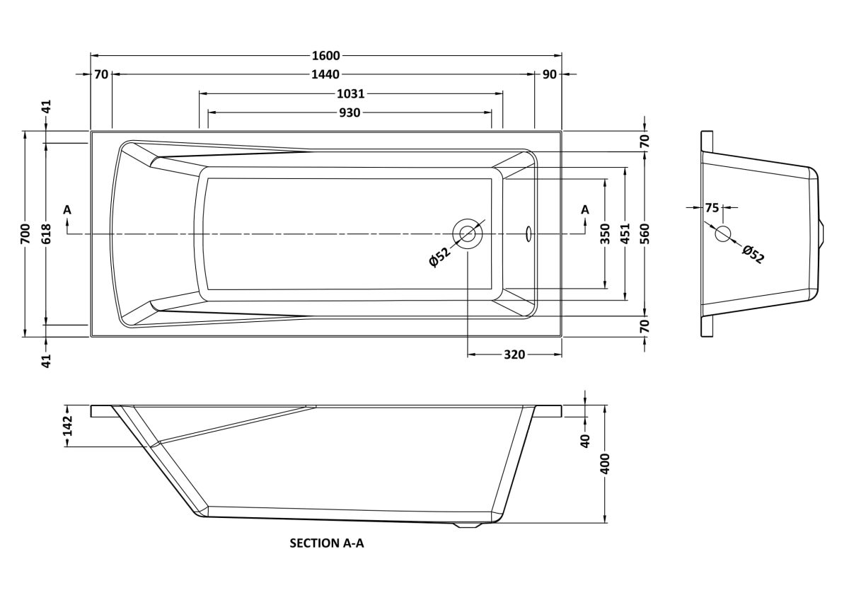 Square Single Ended Bath 1600 x 700mm - Image 3