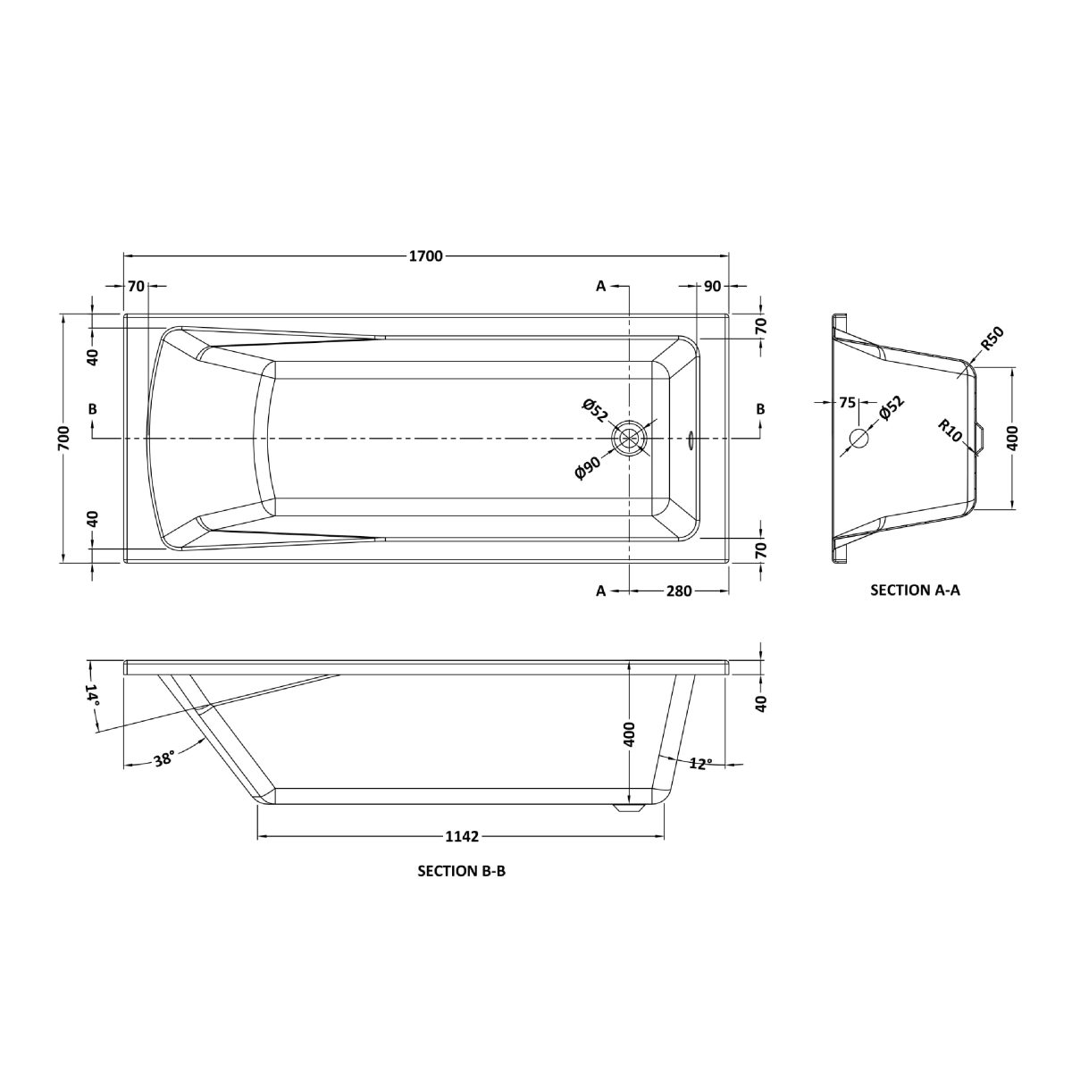 Square Single Ended Bath 1700 x 700mm - Image 3