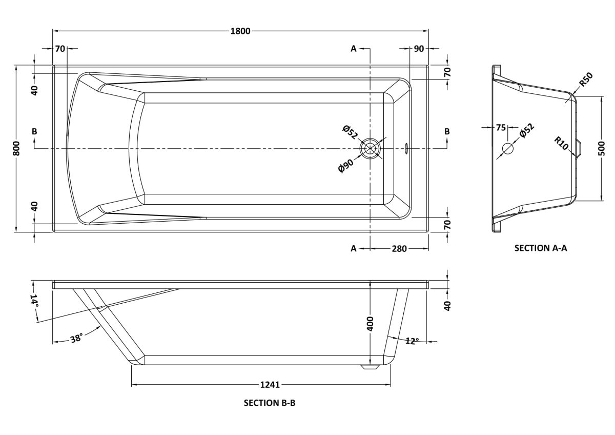 Square Single Ended Bath 1800 x 800mm - Image 3