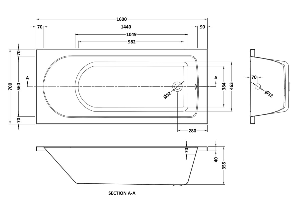 Standard Single Ended Bath 1600 x 700mm - Image 3