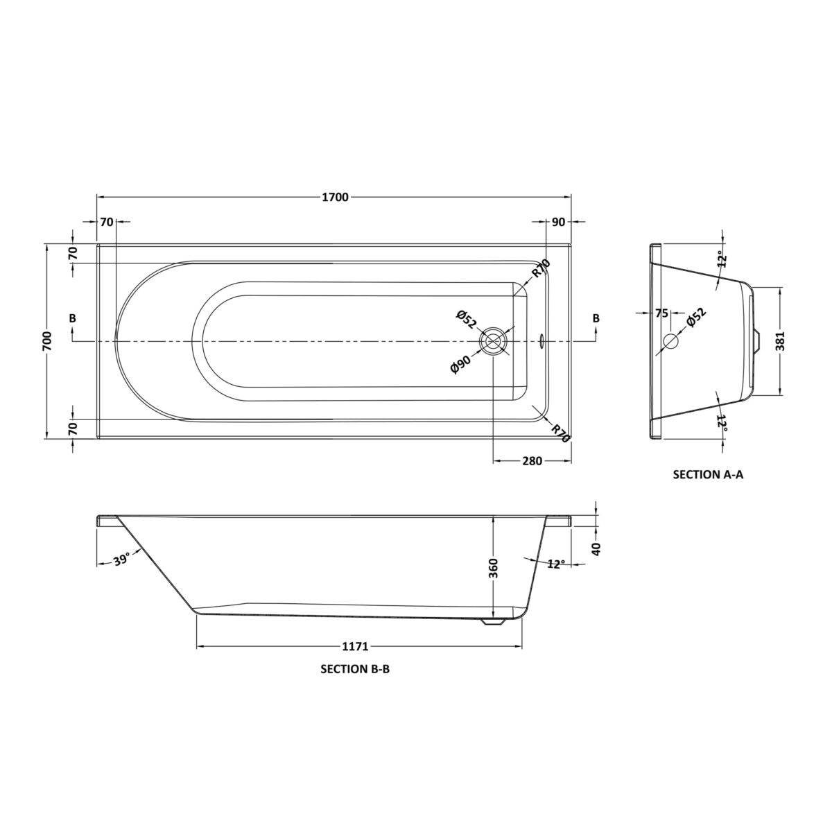 Standard Single Ended Bath 1700 x 700mm - Image 3