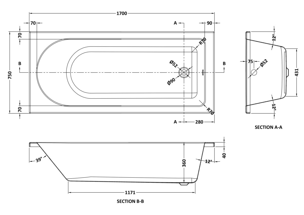 Standard Single Ended Bath 1700 x 750mm - Image 3
