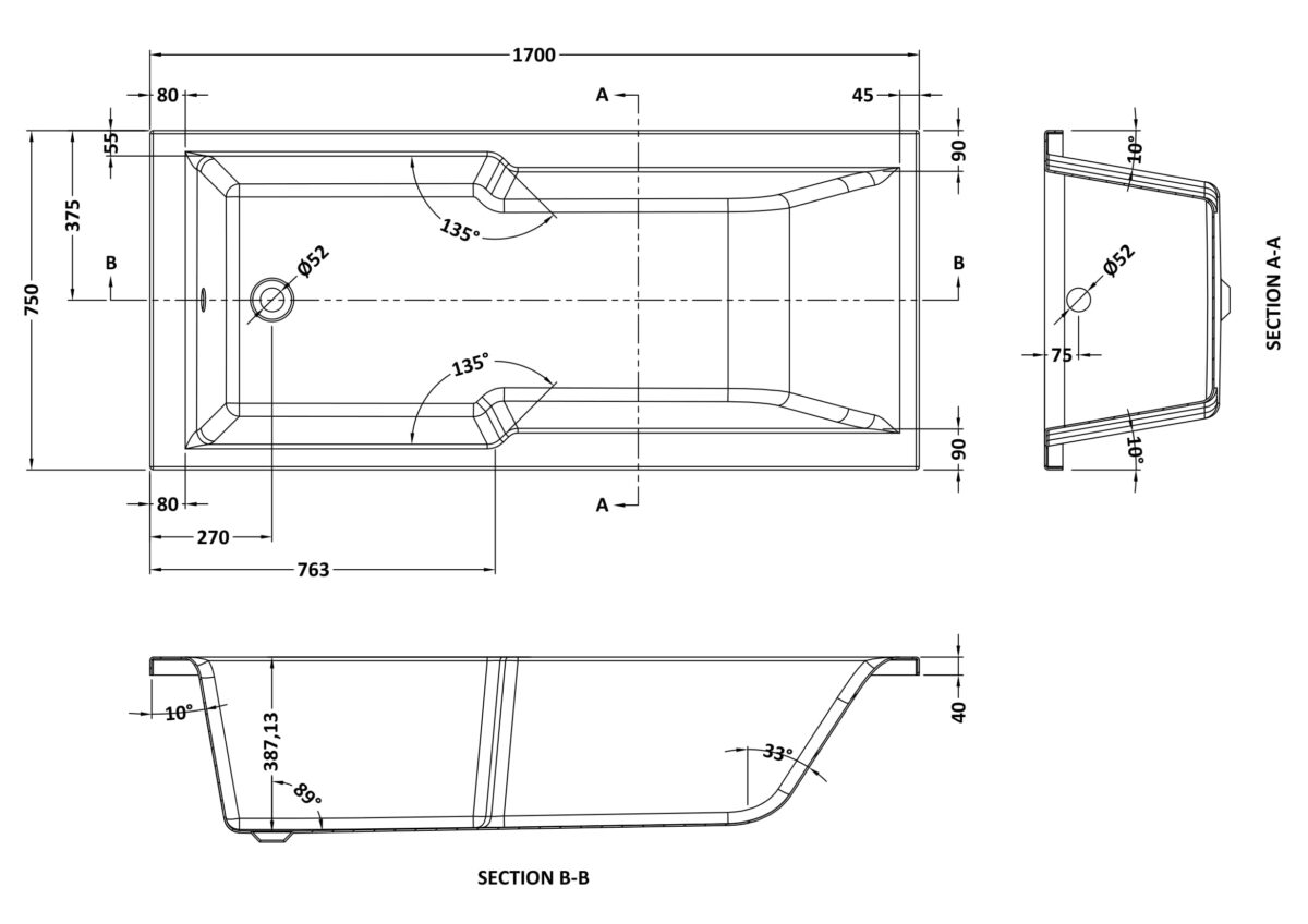 Square Straight Shower Bath 1700 x 750mm - Image 3
