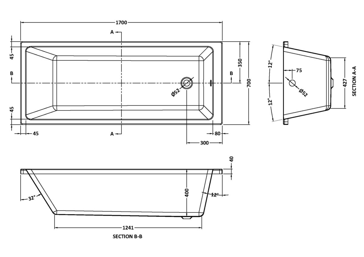 Thin Edge Single Ended Bath 1700 x 700mm - Image 3