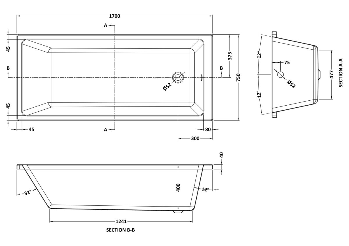 Thin Edge Single Ended Bath 1700 x 750mm - Image 2