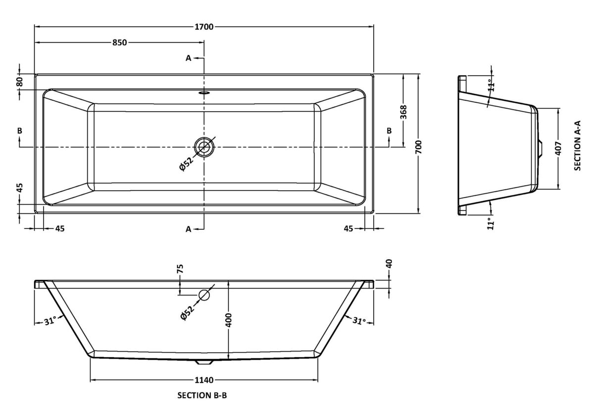 Thin Edge Double Ended Bath 1700 x 700mm - Image 2