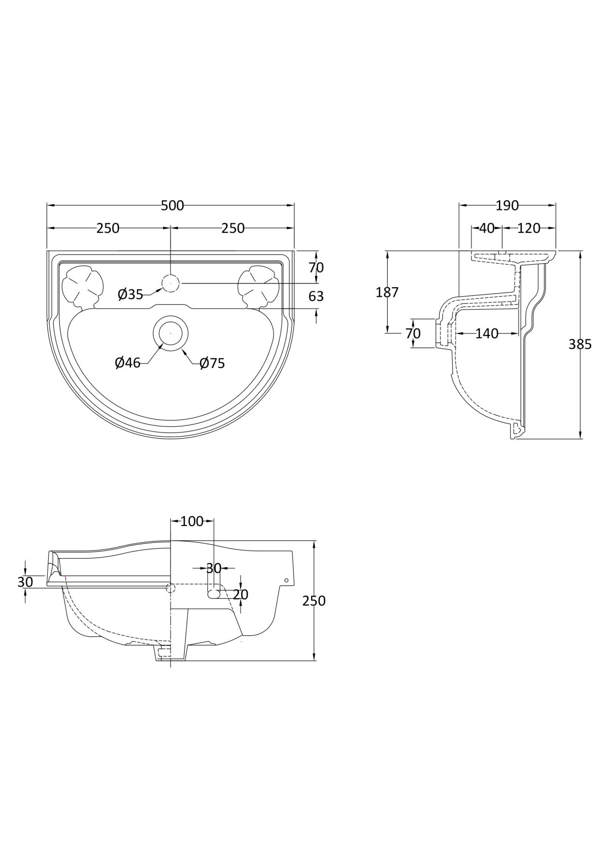 500mm Basin (1 Tap Hole) - Image 2
