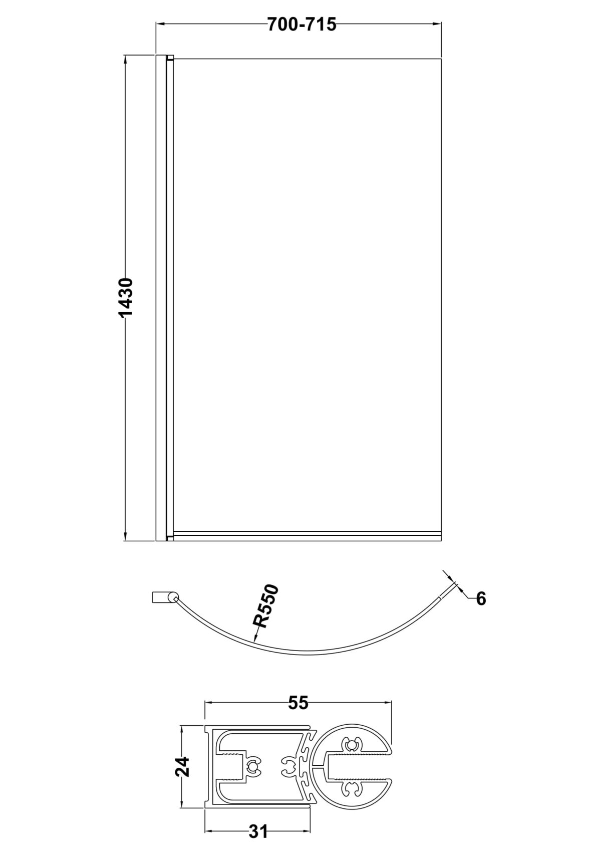 P' Curved Bath Screen (5mm Glass) - Image 3
