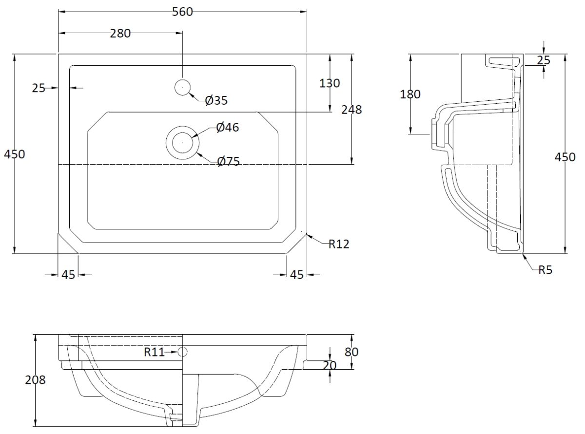 560mm Semi Recessed Basin (1 Tap Hole) - Image 2