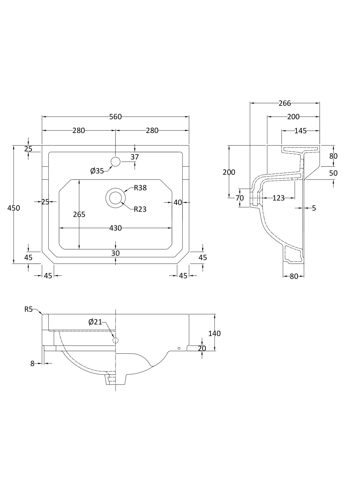 560mm Basin (1 Tap Hole) - Image 2
