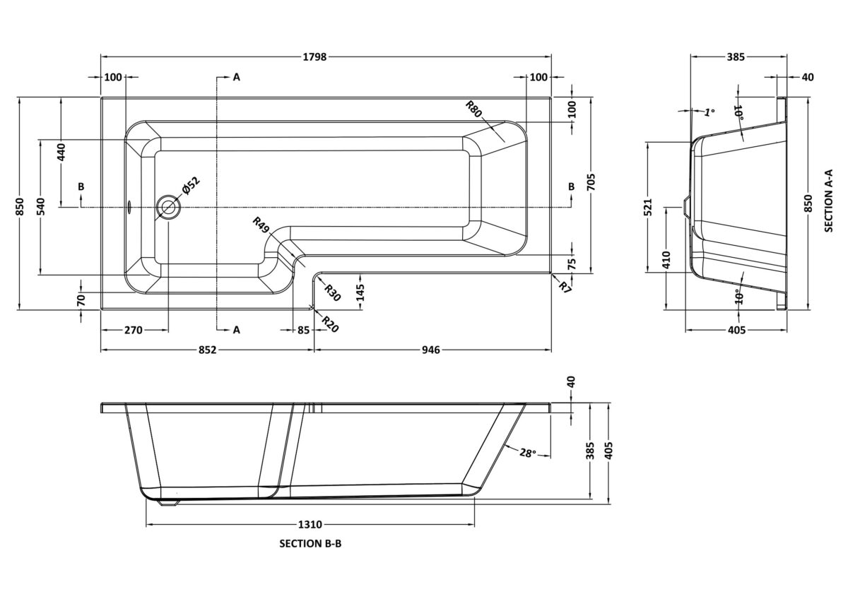 1800mm Left Hand Square Shower Bath - Image 2