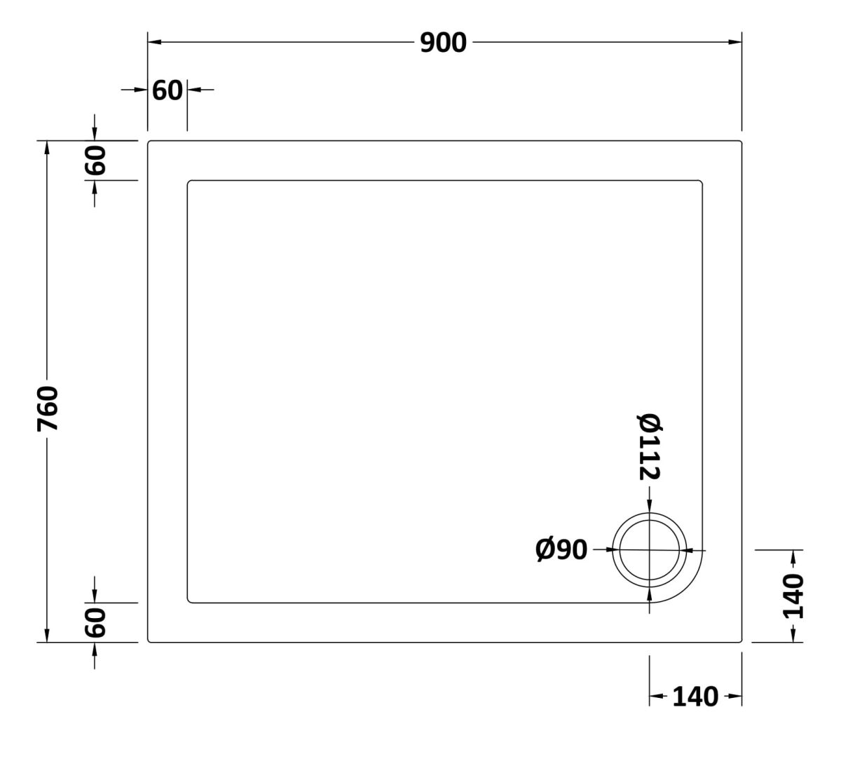Rectangular Shower Tray 900 x 760mm - Image 2