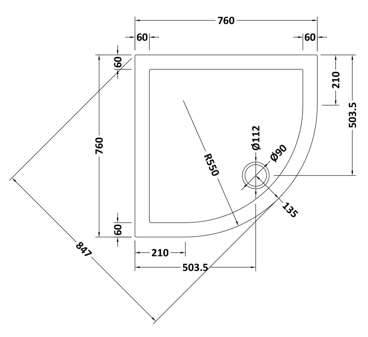 Quadrant Shower Tray 760 x 760mm - Image 2