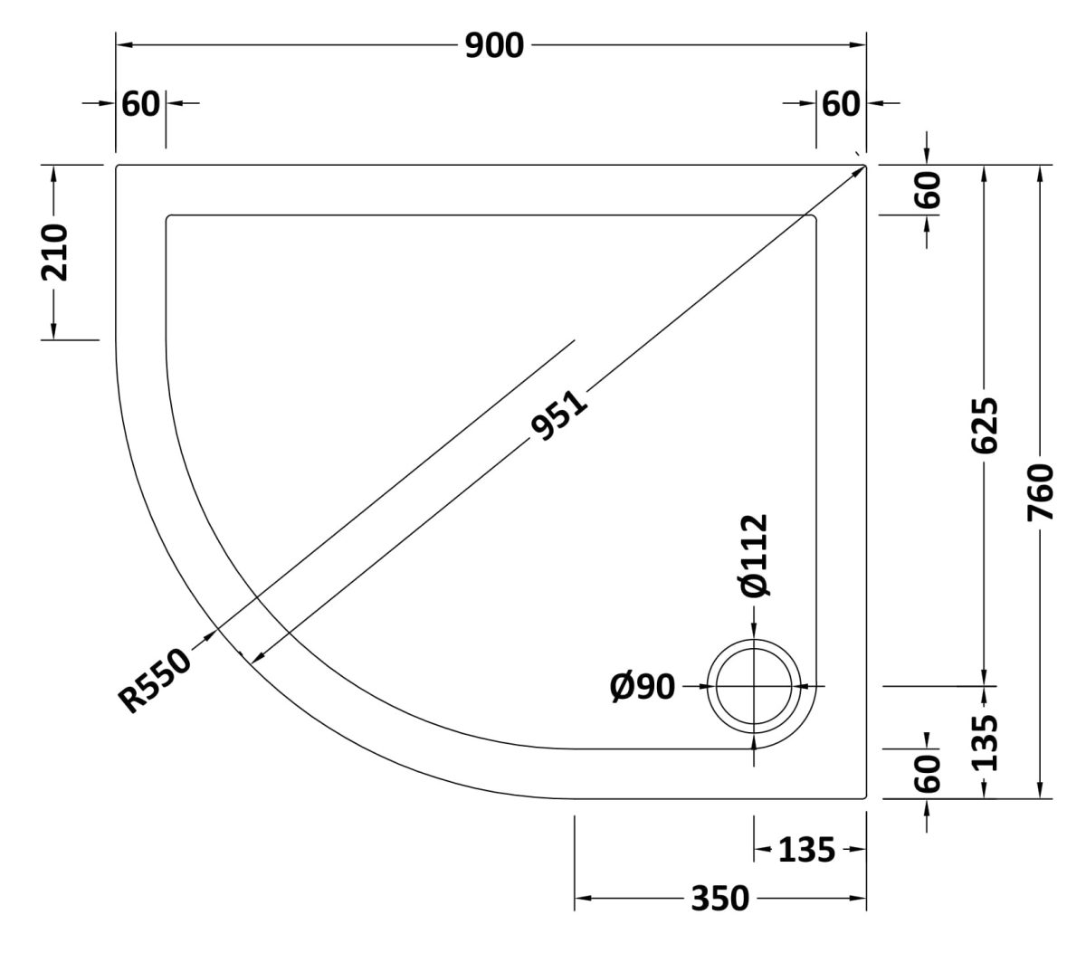 Offset Quadrant Shower Tray 900 x 760mm LH - Image 2