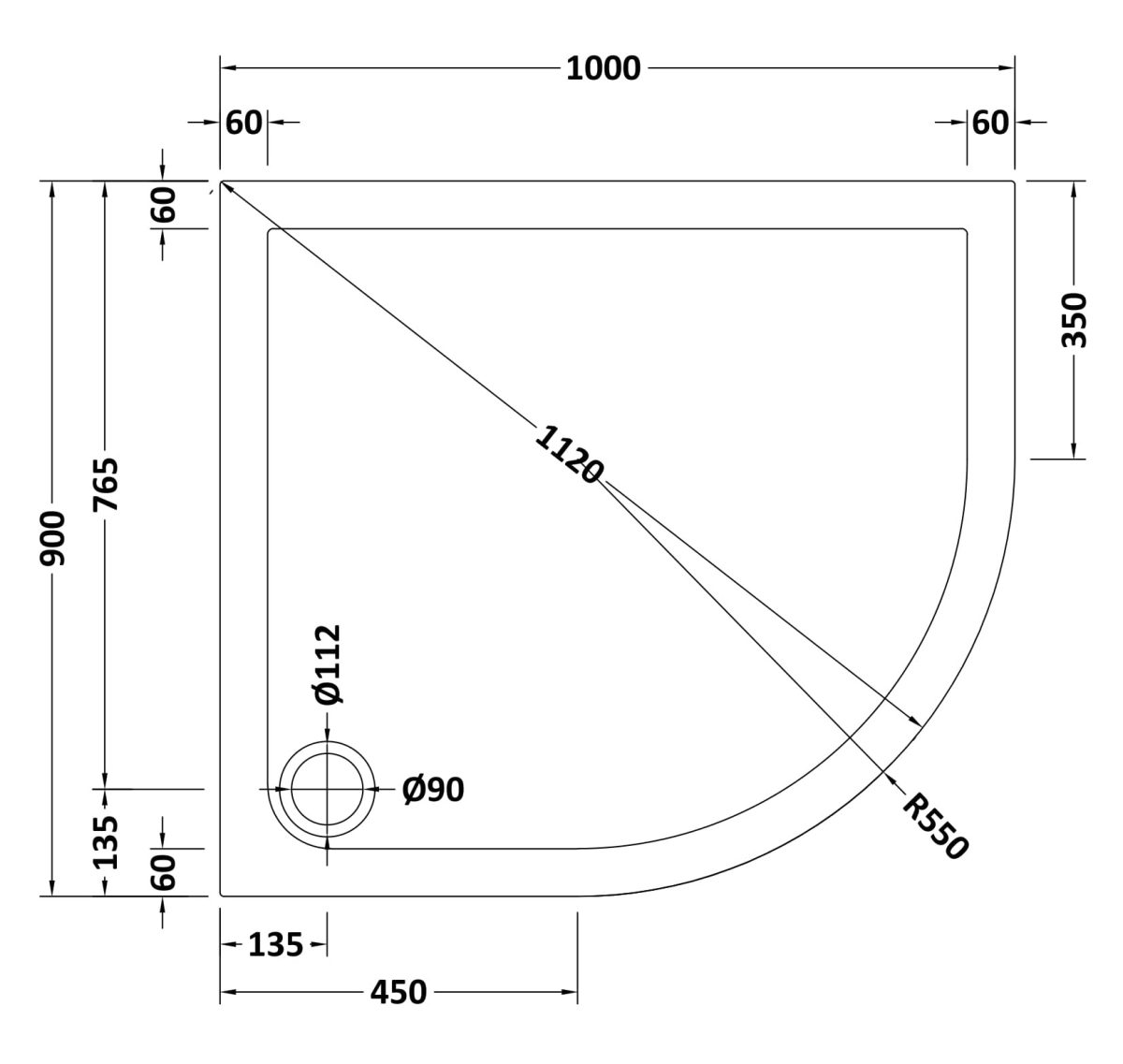 Offset Quad Shower Tray 1000 x 900mm RH - Image 2