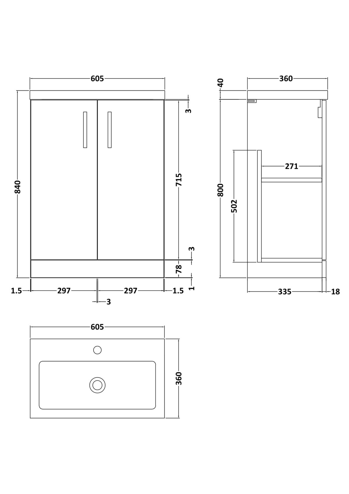 600mm Floor Standing 2-Door Vanity & Polymarble Basin - Image 4