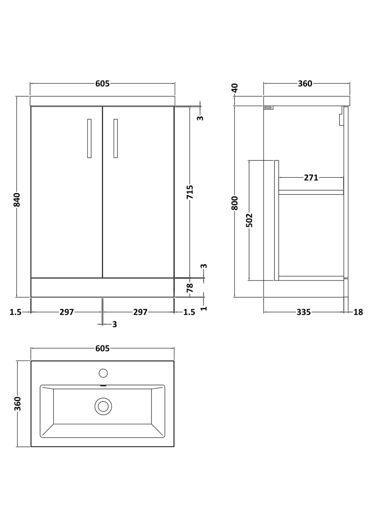 600mm Floor Standing 2-Door Vanity & Ceramic Basin - Image 3